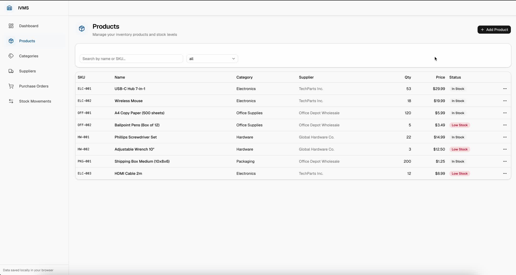 The Numeronest inventory system, showing a product list and stock levels